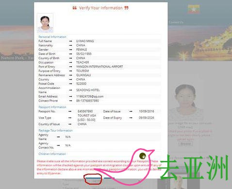 缅甸电子签证 信息对照