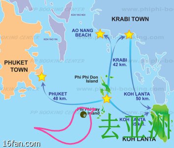 甲米，兰塔岛，PP岛，普吉之间的航线图